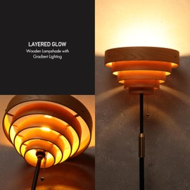 O'Bright Cascade Floor Lamp – Modern Wooden Layered Lampshade, E26 Socket, Pull Chain Switch, Metal Base, Standing Lamp for Living Room, Bedroom, Office, Black