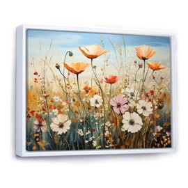 Peach Traditional Natural wall art with Frame, Wildflowers framed wall Art, Symphony of Wildflower Blooms, wildflowers framed wall art decor, 32x16 inches Natural brown color Frame