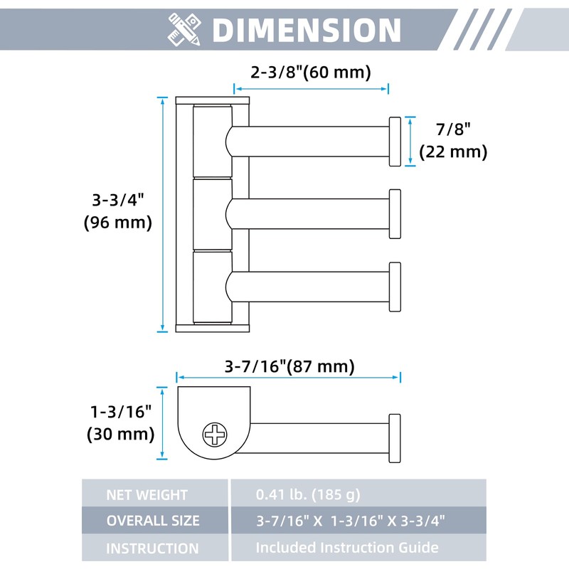Suyar Swivel Robe Hooks 3 Arms, SUS 304 Stainless Steel