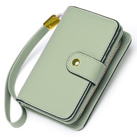 Bomiclss Women's Leather Purse RFID Blocking Bifold Ladies Credit Card Wallet with Zip Card Slots Coin Pocket and Wrist Strap (Green)