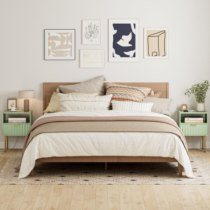Masupu Nightstand with Charging Station,Mid-Century Modern Bedside Table with Storage