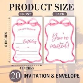 MXLINSW Pink Bow Birthday Invitations, Cute Pink Birthday Invites, 20 Birthday Party Invite Cards with Envelopes, Funny Happy Birthday Cards for Kids Girls Wedding Party, 4" x 6"-A05