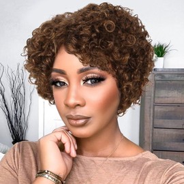 Hanne Fashion Short Curly Human Hair Wig for Black Women Brown Curly Bob Wigs Side Part Pixie Cut Wig Brazilian Remy Human Hair Non Lace Glueless Wigs (F4/30)