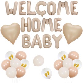 Jollyboom Welcome Home Baby Decorations - Neutral Beige Welcome Home Banner With Cream White Heart Foil Balloons for Boys & Girls Newborn Birthday Party or Baby Shower