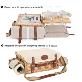 Multifunctional Wicker Picnic Basket Set for 4 with Blanket and Picnic Table, Insulated Picnic Set with Full Tablewares for Camping Outdoor Couples,Natural