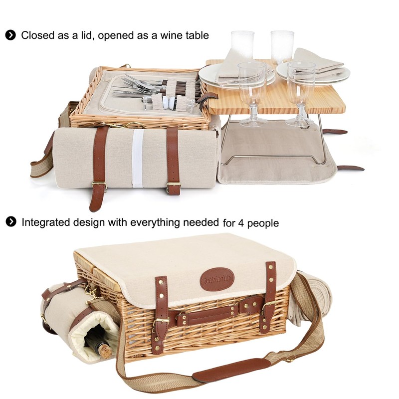 Multifunctional Wicker Picnic Basket Set for 4 with Blanket and
