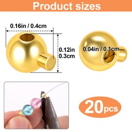 Pndeyo 20pcs Crimp Beads for Jewelry Making, Metal Crimp End Spacer Beads, Cord End Crimping Stopper Beads Findings for DIY Earring Bracelet Necklace Anklet Pendant Keychain- Gold