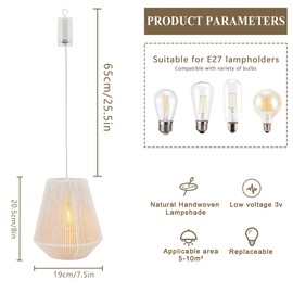 JHY DESIGN Battery Powered Hanging Lamp 8" H Braided Cotton Rope Decorative Pendant Lamp Battery Lamp with 6 Hours Timer for Bar Bedroom Patio Indoor Outdoor Living Room