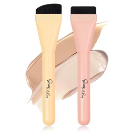 START MAKERS Foundation Brush, Flat, Angle, 2 Extra Fine Lines, Makeup Brush, Soft, Skin-friendly, Easy to Use, Makeup Tool, Thin Finish, Crumble Resistant Base Makeup (Pink/Yellow 2 Pieces)