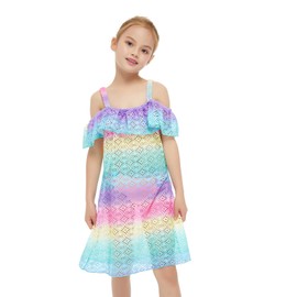 Jimmy Baha·mas Cover-ups for Girls Swimwear Off Shoulder Ruffled Hollow Beach Dress Cover Up for Kids (Multicolor, 10)