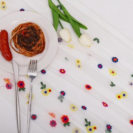 1 camino de mesa de verano con margaritas de marfil, bordado, primavera, 10 pies, flores de temporada, tul, día festivo, cumpleaños, cocina, comedor, decoración para fiestas en casa