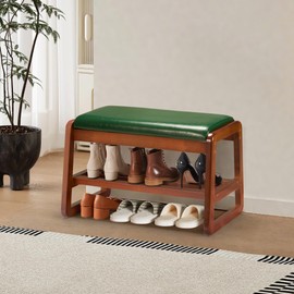 HABUTWAY Solid Wood Shoe Rack, Entryway Shoe Bench with Cushion, 2 Tier Shoes Organizer for Entryway, Hallway, Living Room-(Green,21.65"-S)