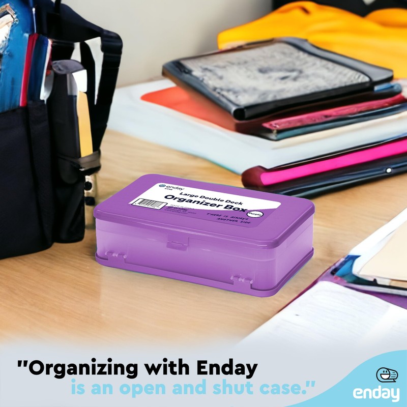 Enday Large Capacity Double Deck Pencil Box - Purple Plastic