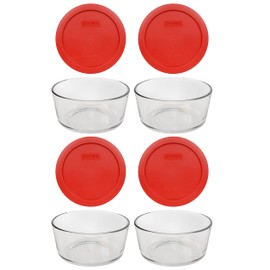 Pyrex (4 7201 4 Cup Glass Bowls & (4) 7201-PC Poppy Red Lids Made in the USA
