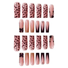 Long Press on Nails Square French Tip Fake Nails with Black 3D Bow Rhinestone Design Glue on Nails Leopard Print False Nails Glossy Acrylic Full Cover Stick on Nails Artificial Nails for Women 24 Pcs
