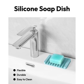 Self Draining Soap Dish for Shower, Silicone Soap Dish for Kitchen Sink, Bathroom Sink (2, Light Blue, S(3.1"×4.5"))