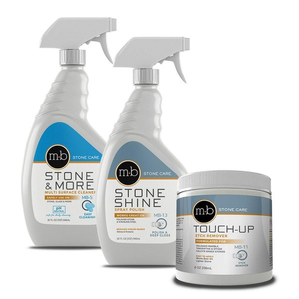 MB Stone Care Marble Repair Kit MB-5 Multi-Surface Cleaner, MB-13 Stone Shine Spray Polish & MB-11 Touch Up Etch Remover Ready to Use Bundle (1Quart / 32FL OZ, & 8OZ)