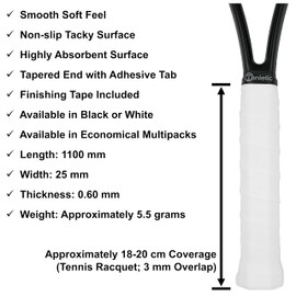 Tenletic Tacky Racket Overgrip Tape - 0.60 mm thickness - Anti Slip Tacky Overgrip Tape for Tennis, Squash, Badminton and Other Racquet Sports (10-Pack White)