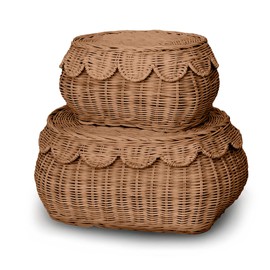BEBE BASK The Original Scalloped Basket Set Of 2 - Small Scallop Basket - 15 x 10 x 6 In - Hand-Woven & Award-Winning - Elegant Wicker With Scalloped Edge Lid - Nursery Storage - (Mocca)