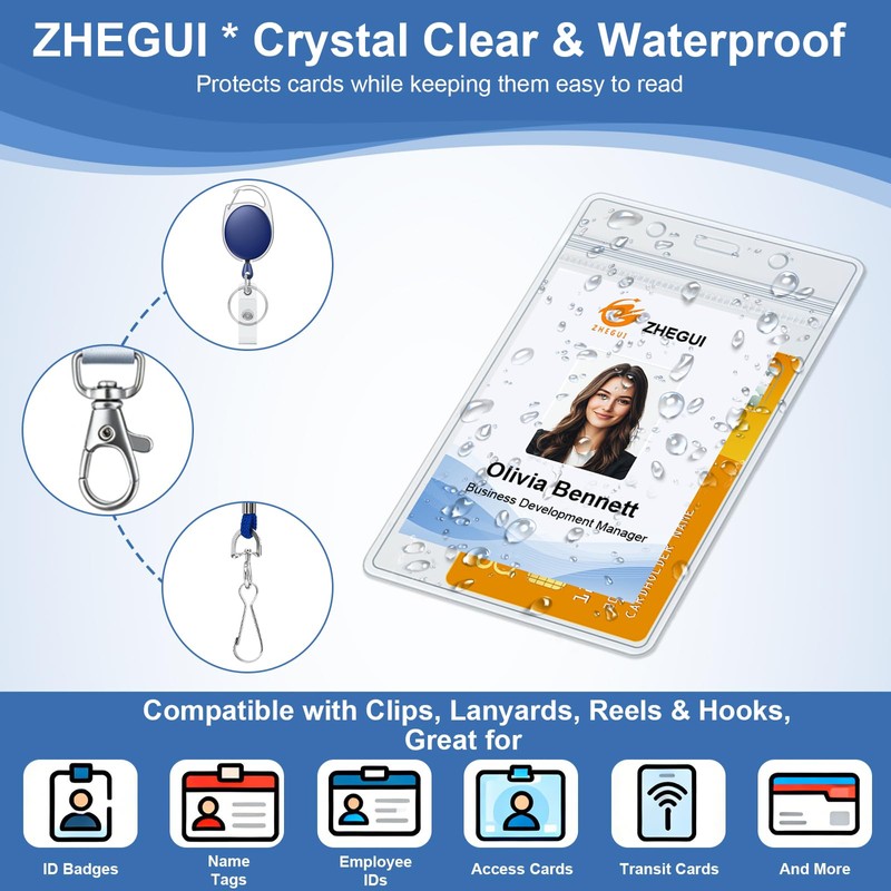 10 Pack Clear Vertical ID Badge Holder 3x4, Waterproof Heavy