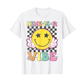 Nine Is A Vibe 9th Birthday Groovy Smile Face 9 Years Old T-Shirt