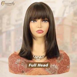 Creamily Brown Bob Wigs with Bangs for Women Short Shoulder Length Brown Wig with Fringe Natural Straight Syntheitc Hair Heat Resistant Wig Cosplay Party Daily Use 16 Inches