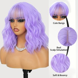 Monaluxe Short Bob Wigs with Bang Synthetic Loose Curly Wavy Light Purple Bob Wig Shoulder Length for Women Girls Daily Short Wavy Colorful Wig