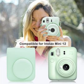 MUZIRI KINOKOO Funda Mini 12 compatible con cámara instantánea Fuji Instax Mini 12, funda protectora de piel sintética con bolsillo para fotos, correa de hombro ajustable, color verde
