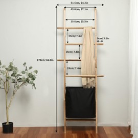 67-Inch Farmhouse Blanket Ladder with Basket, Rustic Wooden Display Ladder for Throws, Blankets, Quilts & Towels, Sturdy Wall Leaning Decorative Storage Rack for Bedroom, Living Room and Bathroom