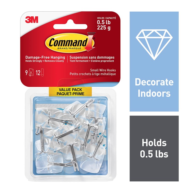 Command Wire Hooks Value Pack, Small, Clear, 9 Hooks 12