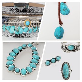 6 Pcs Western Jewelry for Women Boho Set Bohemian Turquoise Jewelry Set Turquoise Pendant Long Necklace Vintage Layer Bracelet Joint Knuckle Rings Hoop Dangle Earrings