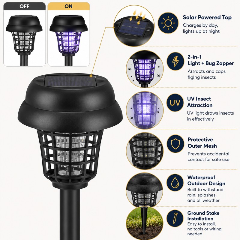 2/12-Pack Solar Bug Zapper Garden Lights – Automatic Outdoor Flying-Insect