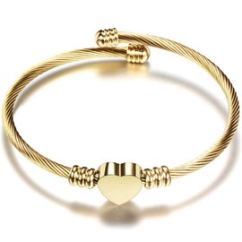 Stainless Steel Adjustable Cable Wire Heart Charm Bangle Bracelet Anniversary (Gold)