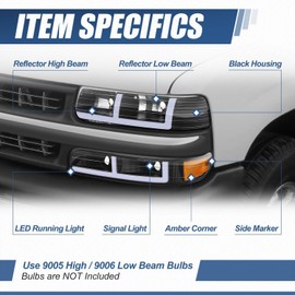 Auto Dynasty LED DRL Headlights Assembly compatible with 1999-2006 Chevy Silverado 1500 2500 3500 HD Tahoe, Driver Passenger Side Halogen Headlamps Replacement w/F-Style Running Light, Black/Amber