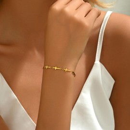 Nawflue Cross Bracelet For Women 18K Gold Plated Dainty Tiny Multi Cross Link Chain Bracelets Minimalist Adjustable Stainless Steel Gold Jewelry