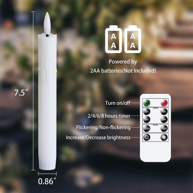 Mavandes Flameless Flickering Taper Candles Two Remote, 7.5 Inch White