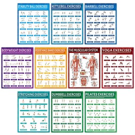 10Pcs Exercise Poster Set Workout Chart Posters for Home Gym Dumbbell Kettlebell Yoga Stretching Pilates Resistance Bands Stability Ball Body Weight Dumbbell Muscular System Fitness Knowledge Poster