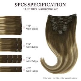 MAXITA Human Hair Clip in Extensions, Balayage Walnut Brown to Ash Brown and Bleach Blonde 9pcs 35 cm 150g Real Human Hair Extensions, Short Straight Hair Extension Remy Human Hair Extensions