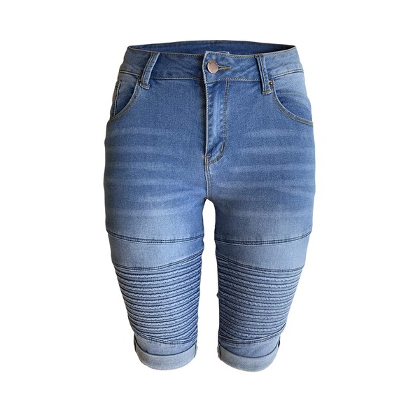 Xudom - Jeans para Mujer, elásticos, con Bolsillos curvados, Longitud hasta la Rodilla, Azul Claro, US 14