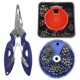 Fishing Tackle, Fishing Weights, Split Shot Fishing Weights, Sea Fishing Weights, Three-Piece Set with Blue Curved Pliers, Round Open Blue Five-Grid 105 Gram, Red 120 Gram ﻿