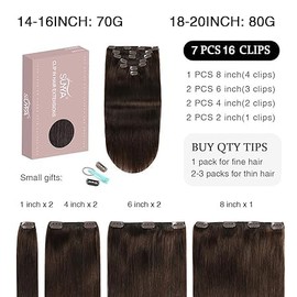 SUYYA Clip-In Real Hair Extensions, Salon Remy Human Hair Extensions, Straight Straight Hair Extensions, Clip, Double Stitched, 12 Inches, 30 cm, 7 Pieces, 70 g, #2 Dark Brown
