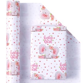WRAPAHOLIC Jumbo Baby Girl Wrapping Paper - 30 Inch x 100 Feet Jumbo Roll - Adorable Pink Elephant Design for Baby Shower, Party, Holiday