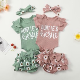 Aunties Bestie Baby Girl Clothes Aunt Saying Letter Romper Tiered Ruffle Daisy Skirt Skort Newborn Coming Home Outfit (A Green, 0-3 Months)