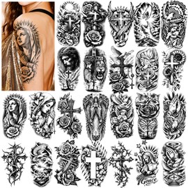 84 Sheets Christian Prayer Cross Temporary Tattoo, 24 Sheets Half Arm Large Jesus God Religious Fake Tattoos, 60 Angels Christ Lion Flowers Tiny for Adult Kids Body Tattoos Stickers Realistic