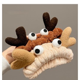 2 Pack Headband Animal Deer Antler Ear Wash Headband, Soft Elastic Makeup Washing Face Hair Band, Soft Shower Facial Headwraps Hairlace for Women Girls Yoga Spa Mask (Khaki, One size)