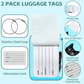 iapodiad Black Cat Luggage Tag for Suitcase Set of 2 PU Leather Cute Luggage Tags with Stainless Metal Loop ID Label Privacy Flap Suitcase Tags for Women and Men Travel