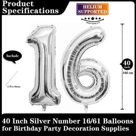 Silver 16 Number Balloons, 40 Inch Giant Number 16 Balloons Foil Mylar Helium Silver Number Balloons for 16th Birthday Party Supplies Anniversary Event Celebration Decorations