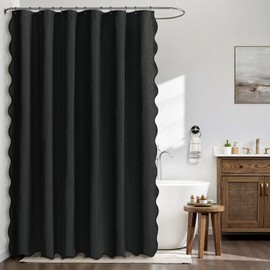 MIULEE 84" Long Scalloped Shower Curtain Linen Textured with 12 Metal Hooks Cute Extra Long Heavy Duty Washable Waterproof Cloth Shower Curtains with Black Border for Bathroom Hotel Bathtub,Black