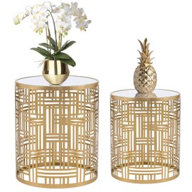 Homebeez End Tables Set of 2 Gold Nesting Side Coffee Table Decorative Round Nightstands (Stainless Steel Top)