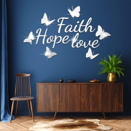 Gripebao Faith Hope Love 3D Acrylic Mirror Wall Decor Stickers, Butterfly Faith Hope Love Wall Decal, Peel and Stick Motivation Letter Wall Sayings Vinyl Lettering Art Quotes for Home Bedroom, Gold